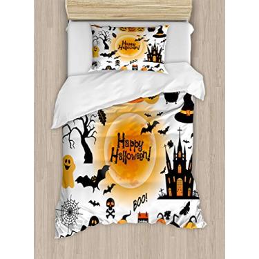 Imagem de Conjunto de capa de edredom Ambesonne Halloween com tema de dia das bruxas, tema assombrado, coruja e doces doces Gato preto, conjunto de roupa de cama decorativo de 2 peças com 1 fronha, tamanho solteiro, laranja preto
