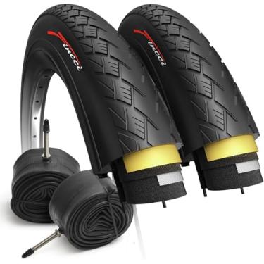 Imagem de Fincci Par de pneu de bicicleta dobrável 700x38c 40-622 com proteção antiperfuração de 1 mm e tubos internos de válvula Presta de 48 mm para bicicleta híbrida MTB Electric Road Mountain com pneus de