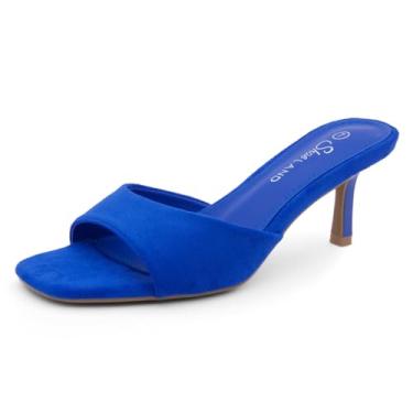 Imagem de Shoe Land Sapatilhas femininas de salto agulha de salto baixo, bico aberto, uma faixa de salto sem cadarço, sandálias elegantes de salto para formatura, festa de casamento e férias, Azul royal 2401
