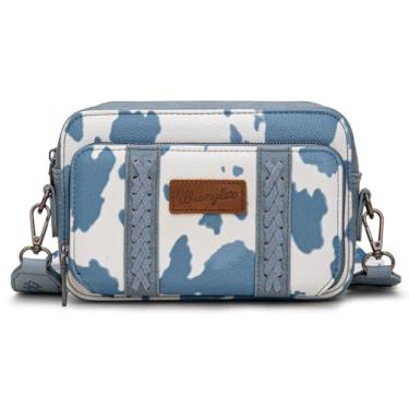 Imagem de Bolsa tiracolo Wrangler feminina Western Cowgirl com alça de guitarra, Estampa de vaca azul claro, 8.5"L x 6"H x 3"W