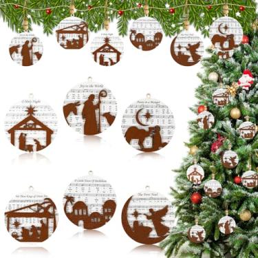 Imagem de 12 peças de enfeites de presépio de Natal, folha de música de madeira, ornamentos de presépio de nascimento de Jesus, presentes católicos religiosos cristãos para família, amigo, pastor, decoração de