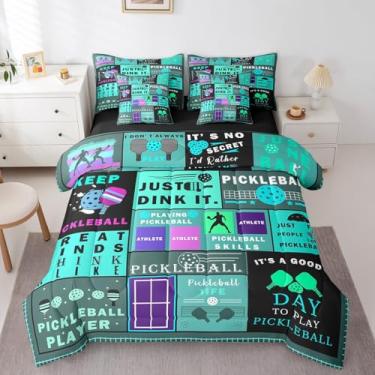 Imagem de Erosebridal Jogo de cama queen com estampa de pickleball turquesa, 7 peças, roupa de cama rústica com patchwork, para crianças, meninos, meninas, esportes radicais, jogo de bola, edredom para