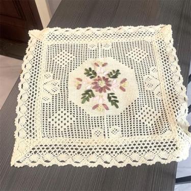 Imagem de Wuluwala Toalha de mesa quadrada bege de crochê feita à mão, toalha de mesa de crochê 100% algodão com bordado floral para decoração de casamento, chá de bebê, banquete, festa, feriado, 50,8 x 50,8 cm