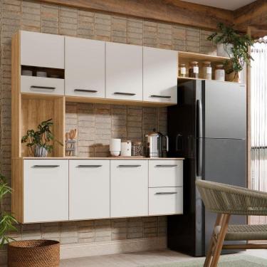 Imagem de Armário De Cozinha Completo Suspenso Com 7 Portas E 2 Gavetas Cor Freijó Off