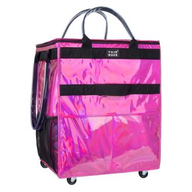 Imagem de Bolsa de compras reutilizável com rodas, carrinho de compras com 8 bolsos e capa de zíper bolsa dobrável com rodinhas para mulheres, cozinha, viagens, carrega até 30 kg (grande, vermelho brilhante)