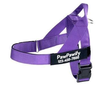 Imagem de Peitoral para cães personalizado com nome e número de telefone - Peitoral fácil de caminhar para cães - Passeios sem puxar - Alças confortáveis - Design de arnês personalizado respirável (roxo, P
