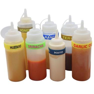 Imagem de Pacote de faixas de rotulagem de sanduíche (pacote com 7) para garrafas de 16 a 680 g – maionese, mostarda, rancho, mel dijon, óleo de alho, teriyaki, sriracha – pulseiras reutilizáveis de silicone