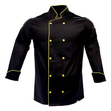 Imagem de Dólmã Unissex Para Chef Cozinha Preto Com Detalhes Amarelo Uniforme 10