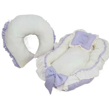 Imagem de Almofada De AmamentaçãO Com Acabamento Com Folhos + Organizador Para BerçO, Quente E Aconchegante(Lilás/palha,COM ZÍPER)