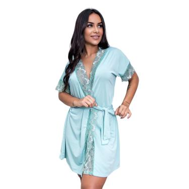 Imagem de Robe de Luxo Microfibra Com Renda Hobby Roupão Roupa de Dormir com Cinto Lingerie Sexy para Noite Especial Manga Curta- VERDE