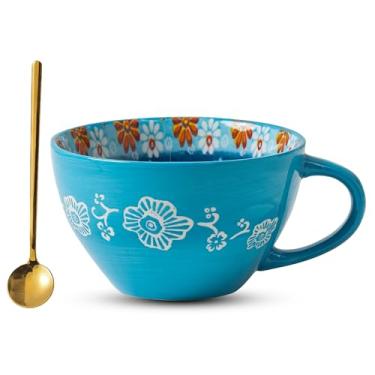 Imagem de Noevany Caneca azul Boho caneca de café com colher de café, copos grandes de cerâmica 450 ml, copos de porcelana para latte, chá, cappuccino, cacau, sopa, lavável no micro-ondas, conjunto de presente
