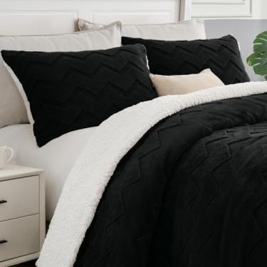 Imagem de BEDELITE Conjunto de edredom fofo de tamanho casal, supermacio, sherpa, preto para cama de casal, conjunto de cama quente de luxo para o inverno, conjunto de cama felpuda 3 peças (1 edredom, 2 fronhas