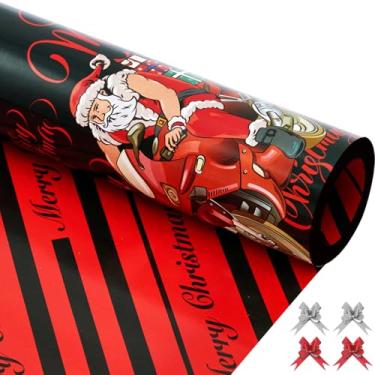 Imagem de EWES Conjunto de rolos de papel de embrulho de Papai Noel, papel de embrulho preto engraçado ocidental, padrão com Papai Noel, motocicleta do polo norte, vermelho reversível, total de 28,5 m²
