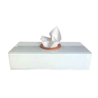 Imagem de Porta Papel Toalha e Lenço Interfolha de Mesa em Vidro com Madeira | Dispenser Decorativo para Banheiro e Lavabo (Seiva Branco)