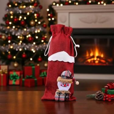 Imagem de Sacos de Natal para garrafas de vinho, sacos de presente com cordão de serapilheira para garrafas de licor, decoração de férias com design de boneco de neve e Papai Noel