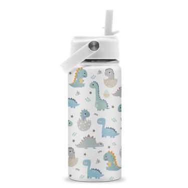 Imagem de Presentes de dinossauro para crianças - Garrafa de água de dinossauro de 473 ml com tampa de canudo - Copo térmico infantil de aço inoxidável para escola, esportes, copo de viagem para amantes de