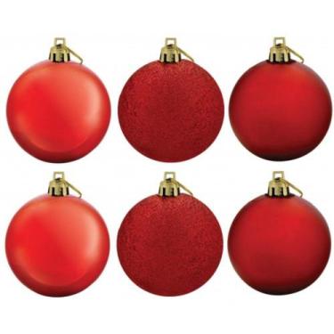 Imagem de Kit Bola De Natal Mista Gliter, Fosca, Brilho Vermelha 6 Unidades 8cm 