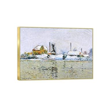 Imagem de BMZFYBS Imagem de arte de parede de paisagem - Impressões em tela vintage - Fábrica em pintura de moldura dourada de neve para sala de estar decoração de casa de fazenda 50 x 70 cm 20 x 27 pol