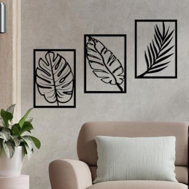 Imagem de Kit 3 Quadros Decorativos de Parede Folhas em MDF Vazado Preto Premium para Sala