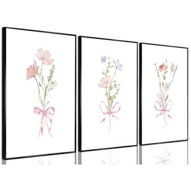 Imagem de Arte de parede em tela floral rosa azul coquete berçário flor pintura imagem decoração de parede boho flores silvestres pôster impressão arte meninas quarto dormitório decoração de casa sem moldura