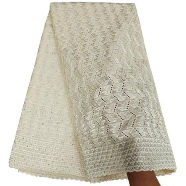 Imagem de Bestway Tecido de renda africana voile suíço macio, 5 metros de strass, bordado floral, vestido de festa de casamento nigeriano, material de costura (bege)
