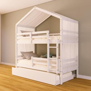 Imagem de Treliche Solteiro Casinha com Cortina Grade Proteção Madeira Maciça Branco Megamobilia