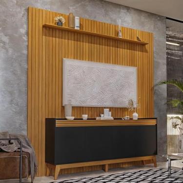 Imagem de Painel Ripado 229cm com Buffet Ripado 4 Portas 180cm - Preto e Cedro