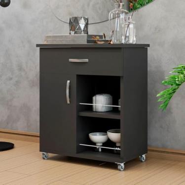 Imagem de Armário Fruteira de Cozinha Multiuso com Gaveta e Suporte para Micro-ondas em MDP com Rodinhas(Preto)