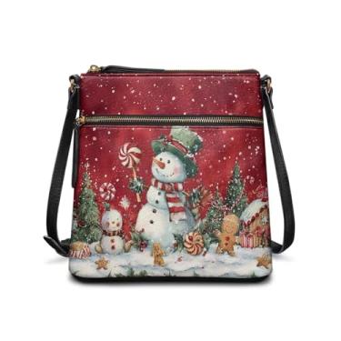 Imagem de FUSURIRE Bolsa tiracolo feminina de couro para festivais com zíper, bolsa grande Hobo para celular à prova d'água, Boneco de neve e doces de Natal, One Size