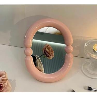 Imagem de Espelho de Mesa Aesthetic Decorativo com Suporte Dobrável – Espelho de Maquiagem Portátil para Quarto e Penteadeira (Modelo2 Rosa)