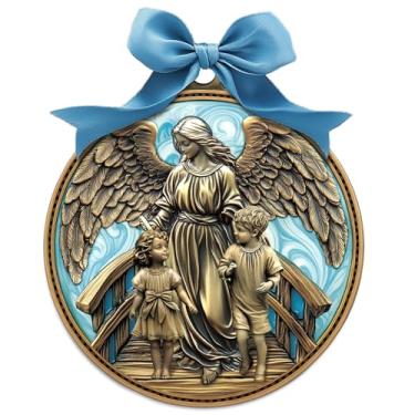 Imagem de Misdary Medalha de berço de anjo da guarda fita azul redonda decoração religiosa para berçário de bebê batismo presente de lembrança, 7,6 cm