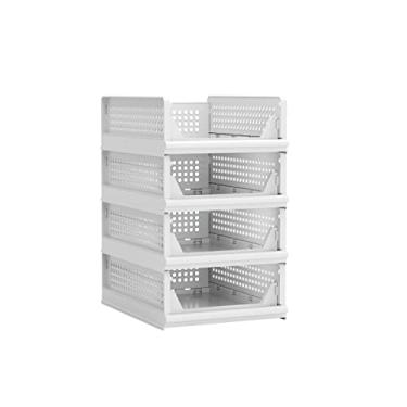 Imagem de Proarea Pacote com 4 cestos de armazenamento de plástico empilháveis, organizador de armário, dobrável, organizador de roupas, gaveta, recipiente para sala de estar, banheiro, cozinha, escritório (4S)