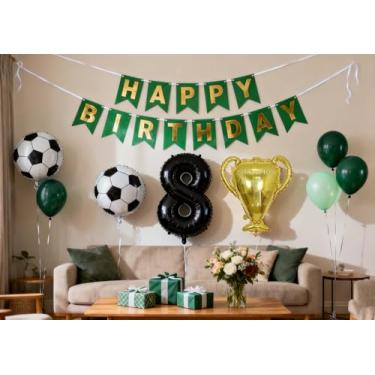 Imagem de Decorações de festa de aniversário de 8 anos de futebol para meninos, faixa de aniversário, bola de futebol preto e branco, troféu número 8, balões metálicos para 8 anos, tema de futebol da Copa do