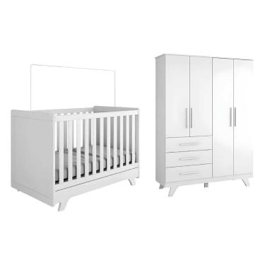 Imagem de Kit Berço E Guarda Roupa Retrô Peroba Branco Quarto Infantil