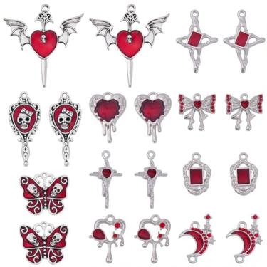 Imagem de SUNNYCLUE 1 caixa, 20 peças, 10 estilos, berloques de esmalte vermelho gótico de Halloween, a granel, prata antiga, liga metálica, crânio, cruz, coração, morcego, pingentes, para fazer joias, brincos