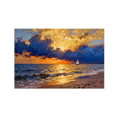 Imagem de Quadro raia em tela-Paisagem Sol Nuvens Azuis-Azul Laranja-Arte moderna Pintura para sala de estar decoração casa 20x30cm Sem Moldura