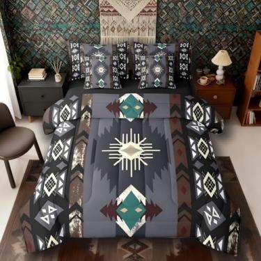 Imagem de Conjunto de edredom King Size Western Bed in a Bag, 7 peças, asteca do sudoeste, étnico, tribal e flecha, geométrico, vintage, boêmio, decoração de quarto, triângulo de diamante