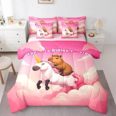 Imagem de Jogo de cama de casal adorável capivara, 7 peças, com estampa de unicórnio voador, para amantes de animais de capivara, com tema safári selvagem, decoração de quarto de princesa rosa