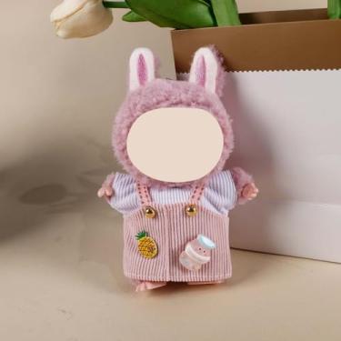 Imagem de Compatível com Labubu 15 cm/17 cm (sem boneca) - Macacões de veludo cotelê rosa (abacaxi e detalhes em garrafa de leite) + roupa de cima listrada, acessórios de roupas de boneca (rosa)