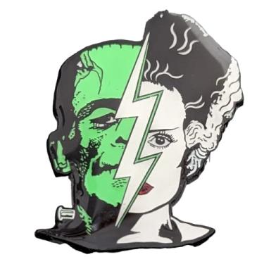Imagem de Broche esmaltado Universal Monsters Bride of Frankenstein & Monster Half Face – Broche oficial do filme de terror que brilha no escuro, Zinco, Sem pedras preciosas