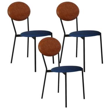 Imagem de Kit 03 Cadeiras Estofada Para Sala De Jantar Azuri Preto C01 Linho Azul Courino Caramelo - Lyam Decor