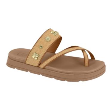 Imagem de Sandália Papete Feminina Moleca – Tiras Cruzadas, Aplicações Douradas, Super Leve e Confortável (Beige Camel Nude, BR, Adulto, Numérico, 38)