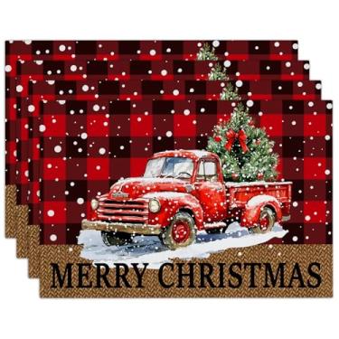 Imagem de Conjunto de 4 jogos americanos de Natal de caminhão vermelho, 30 x 45 cm, resistentes ao calor, à prova d'água, tapetes de mesa de pano, tapetes laváveis para decoração de jantar ao ar livre, inverno
