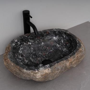 Imagem de MIDUSO Pia de embarcação de pedra irregular 100% feita à mão; pia de pedra real; pia de embarcação exclusiva; acima do balcão; pia de rocha de rio; banheiros de pias de embarcações rústicas; Irre