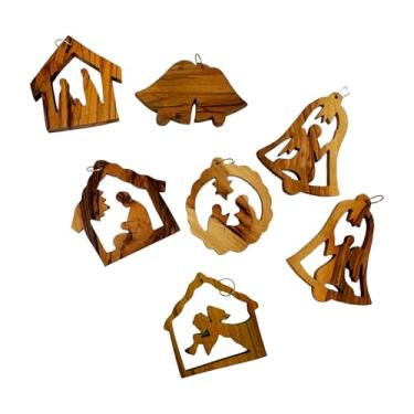 Imagem de Conjunto de enfeites de presépio de 7 peças esculpidas à mão em madeira de oliveira – Decoração de árvore de Natal de Jesus da Terra Santa de Belém - Presente artesanal cristão 6,3 cm (manjedoura