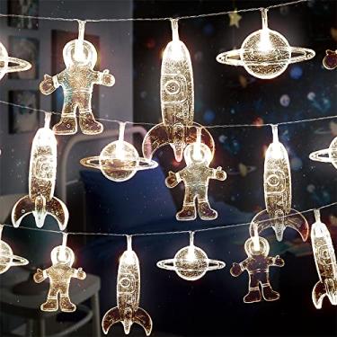 Imagem de 20 luzes LED para quarto infantil de astronauta espaçonave foguete OVNI cordão de luz, luzes de festa de fim de ano, luzes decorativas (branco quente e claro)
