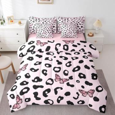 Imagem de Feelyou Conjunto de edredom Queen com estampa de leopardo, 7 peças, borboleta, para crianças, meninos, meninas, cama de pele de guepardo em uma bolsa com edredom, lençóis, fronhas, capas de almofada