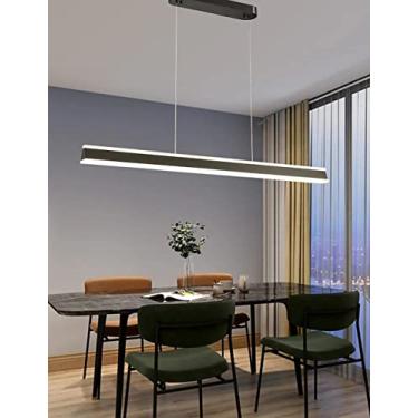 Imagem de Lustre pendente LED moderno com intensidade regulável, design linear preto, com controle remoto, ideal para restaurantes, mesas de jantar, escritórios e salas de reunião (150 cm de comprimen