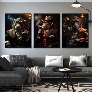 Imagem de Conjunto de 3 peças de chimpanzé fumando 20 x 30 cm, presente de arte de parede para casa moderna, escritório, sala de estar, decoração de quarto, pôster de tela sem moldura, presente de arte de