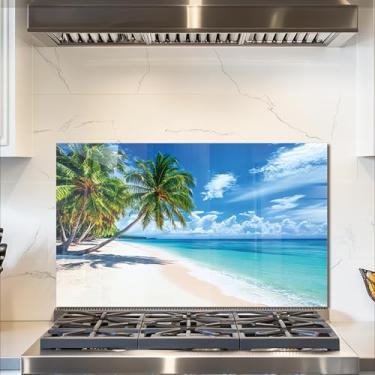Imagem de fzxwyishu Backsplash de cozinha de vidro temperado, tampa superior traseira de fogão, azulejo respingo, coqueiros na praia à beira-mar Capa de pia de cozinha, proteção contra respingos, decoração de